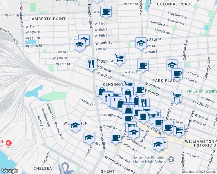map of restaurants, bars, coffee shops, grocery stores, and more near 1011 West 25th Street in Norfolk