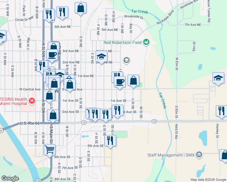 map of restaurants, bars, coffee shops, grocery stores, and more near 800 East Central Avenue in Miami