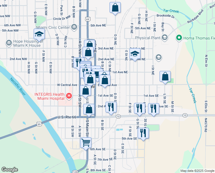 map of restaurants, bars, coffee shops, grocery stores, and more near 200 E Central Ave in Miami