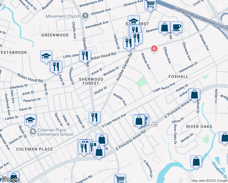 map of restaurants, bars, coffee shops, grocery stores, and more near 2600 Azalea Garden Road in Norfolk