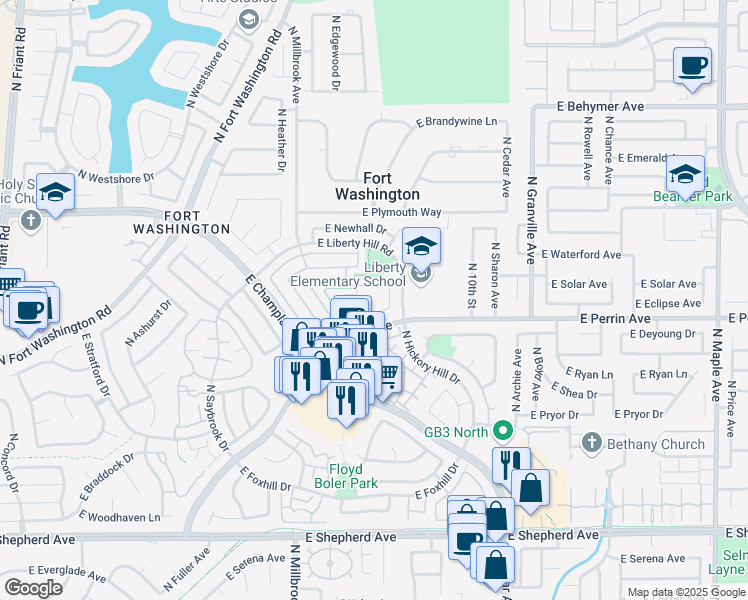 map of restaurants, bars, coffee shops, grocery stores, and more near 1160 East Perrin Avenue in Fresno
