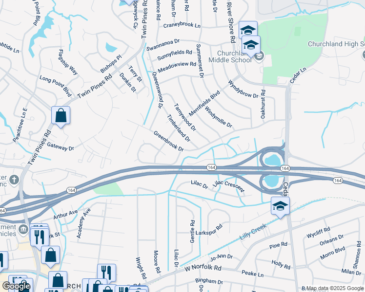 map of restaurants, bars, coffee shops, grocery stores, and more near 5308 Greenbrook Drive in Portsmouth