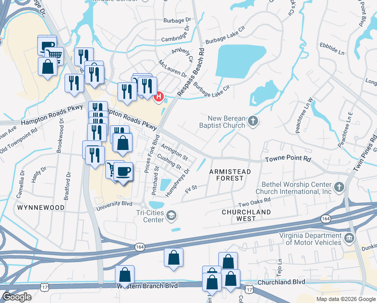 map of restaurants, bars, coffee shops, grocery stores, and more near 6733 Hampton Roads Parkway in Suffolk
