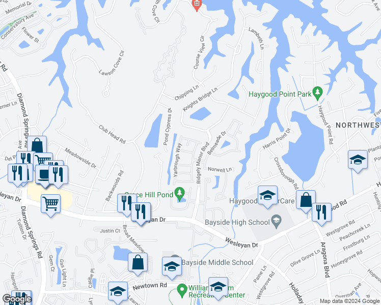 map of restaurants, bars, coffee shops, grocery stores, and more near 5320 Bramcote Place in Virginia Beach