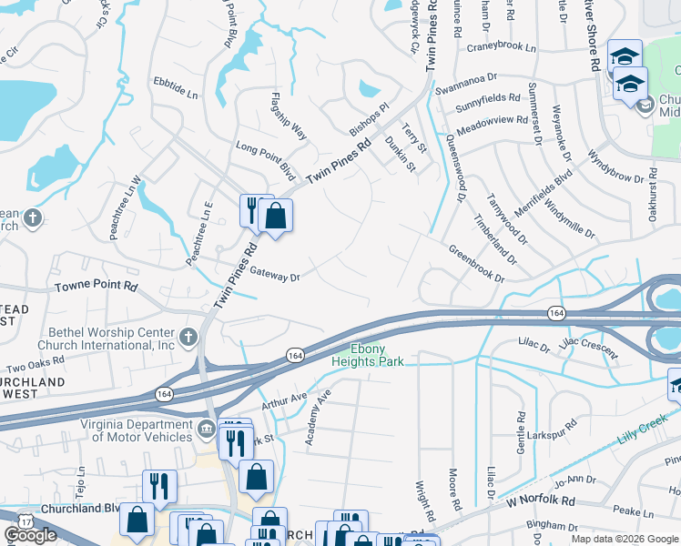 map of restaurants, bars, coffee shops, grocery stores, and more near 3671 Gateway Drive in Portsmouth