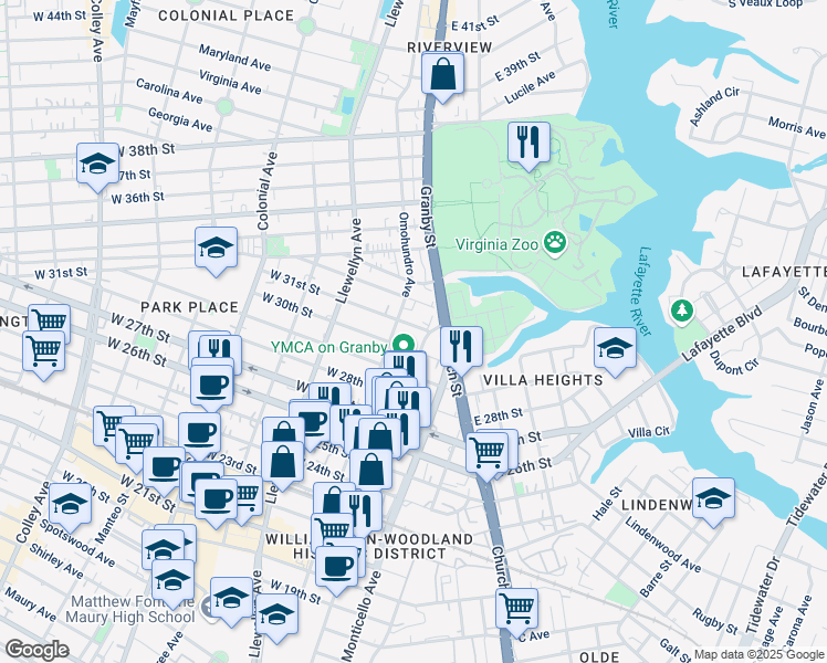 map of restaurants, bars, coffee shops, grocery stores, and more near 111 West 31st Street in Norfolk