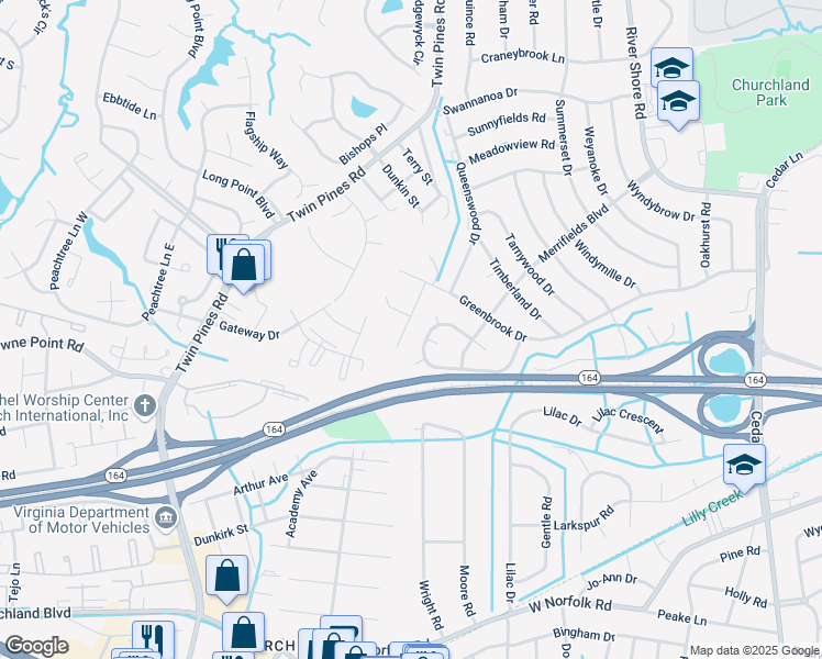 map of restaurants, bars, coffee shops, grocery stores, and more near 3924 Hardwood Lane in Portsmouth