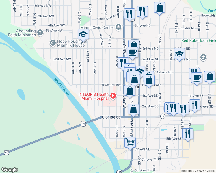 map of restaurants, bars, coffee shops, grocery stores, and more near 2 C Street Southwest in Miami