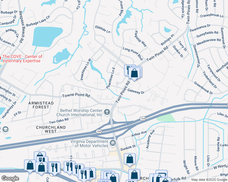 map of restaurants, bars, coffee shops, grocery stores, and more near 3714 Sugar Creek Circle in Portsmouth