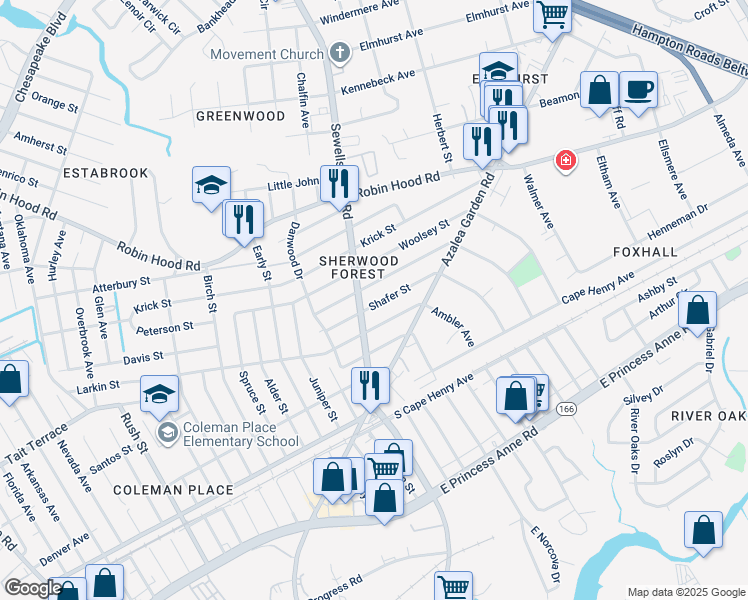 map of restaurants, bars, coffee shops, grocery stores, and more near 4818 Shafer Street in Norfolk