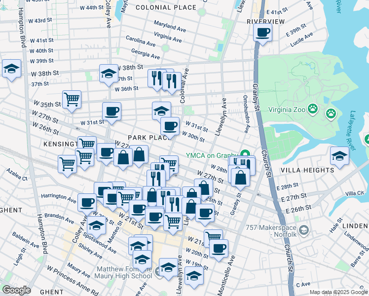 map of restaurants, bars, coffee shops, grocery stores, and more near 419 West 29th Street in Norfolk