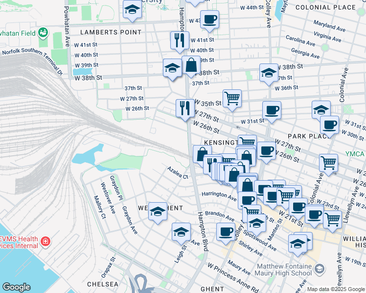 map of restaurants, bars, coffee shops, grocery stores, and more near 2315 Elizabeth River Trail in Norfolk