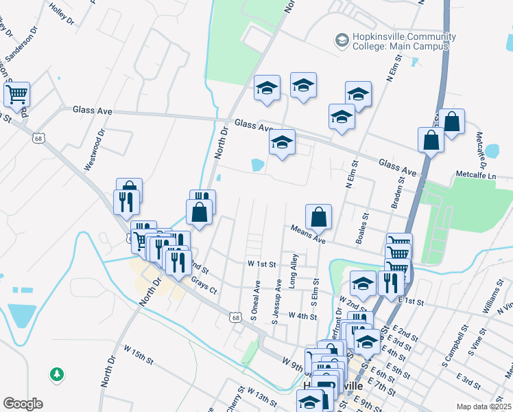 map of restaurants, bars, coffee shops, grocery stores, and more near 160 North Kentucky Avenue in Hopkinsville