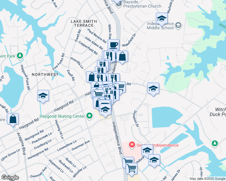 map of restaurants, bars, coffee shops, grocery stores, and more near 1066 Independence Blvd in Virginia Beach