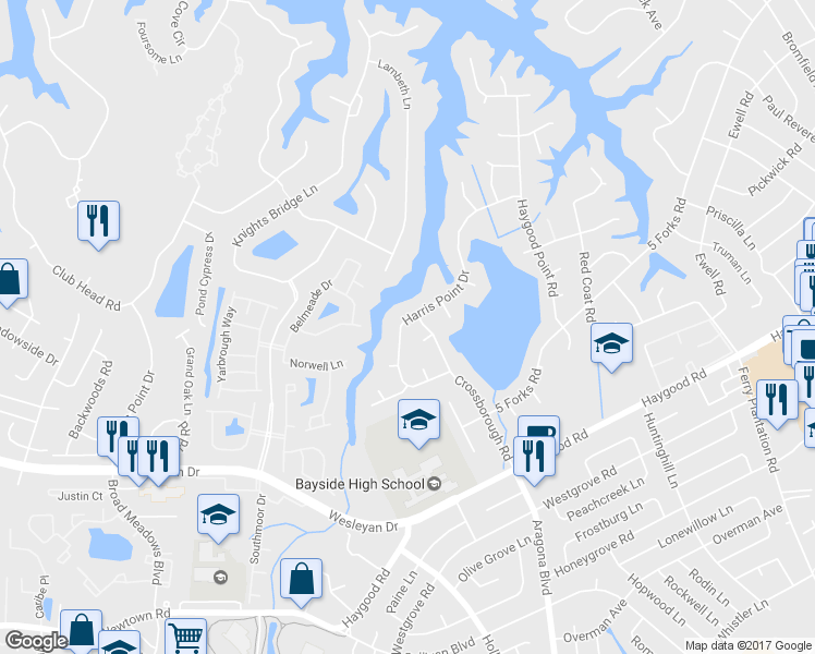 map of restaurants, bars, coffee shops, grocery stores, and more near 725 Harris Point Drive in Virginia Beach
