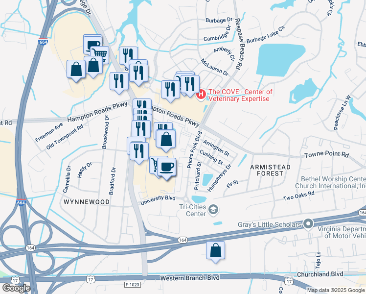 map of restaurants, bars, coffee shops, grocery stores, and more near 1012 Chandler Place in Suffolk