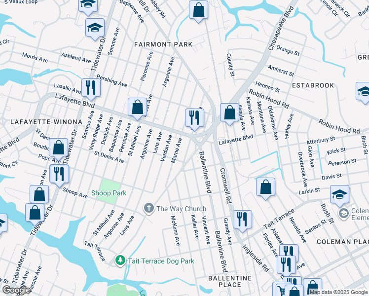 map of restaurants, bars, coffee shops, grocery stores, and more near 3121 Lyons Avenue in Norfolk