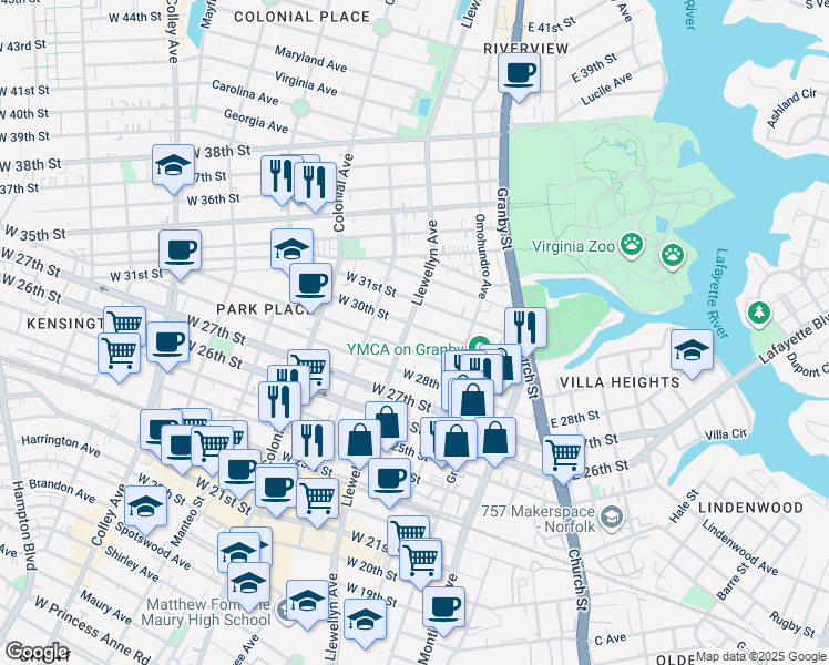 map of restaurants, bars, coffee shops, grocery stores, and more near 245 West 30th Street in Norfolk