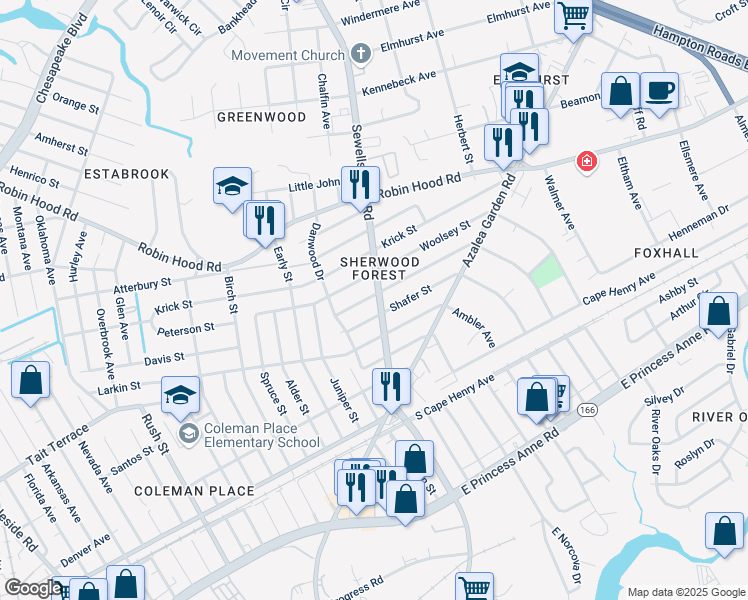 map of restaurants, bars, coffee shops, grocery stores, and more near 2711 Sewells Point Road in Norfolk