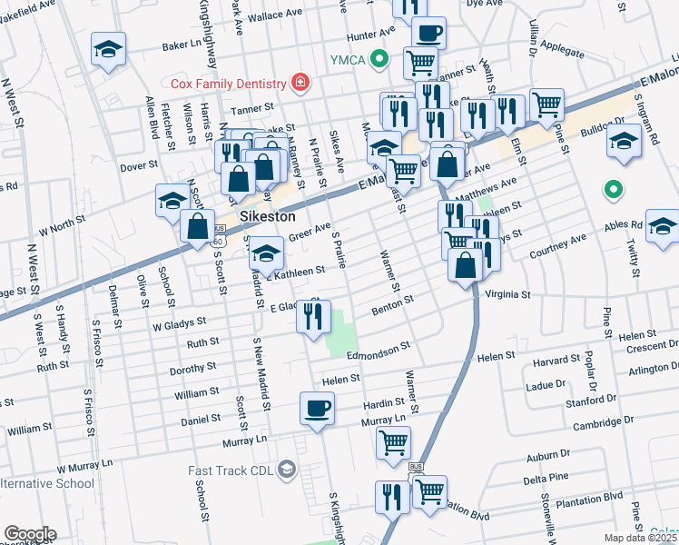 map of restaurants, bars, coffee shops, grocery stores, and more near 241 East Kathleen Street in Sikeston