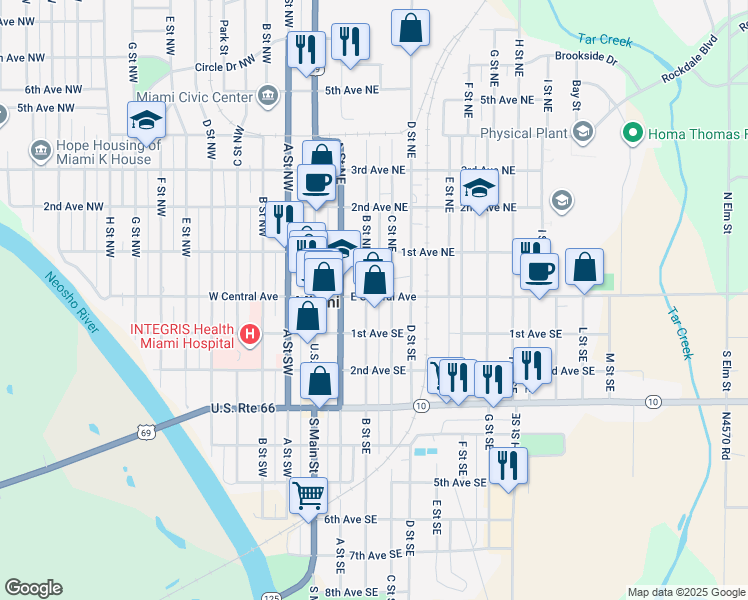 map of restaurants, bars, coffee shops, grocery stores, and more near 200 East Central Avenue in Miami
