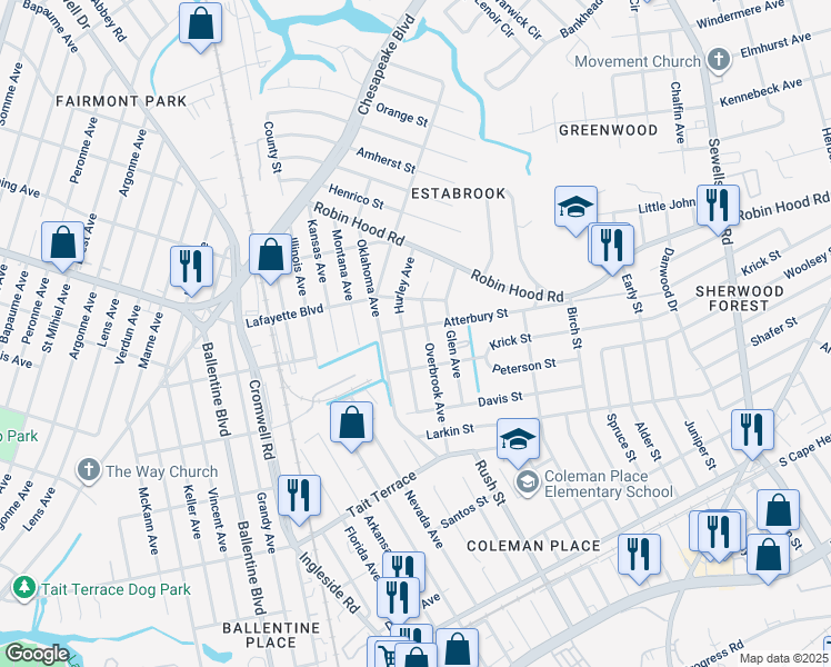 map of restaurants, bars, coffee shops, grocery stores, and more near 3727 Atterbury Street in Norfolk