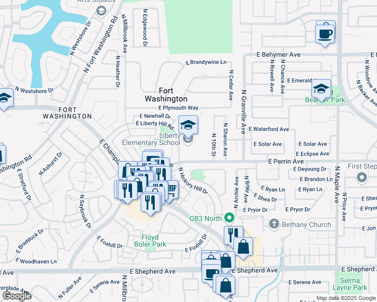 map of restaurants, bars, coffee shops, grocery stores, and more near 1250 East Liberty Hill Road in Fresno
