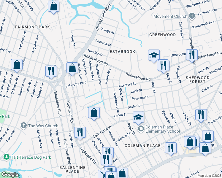 map of restaurants, bars, coffee shops, grocery stores, and more near 3727 Atterbury Street in Norfolk