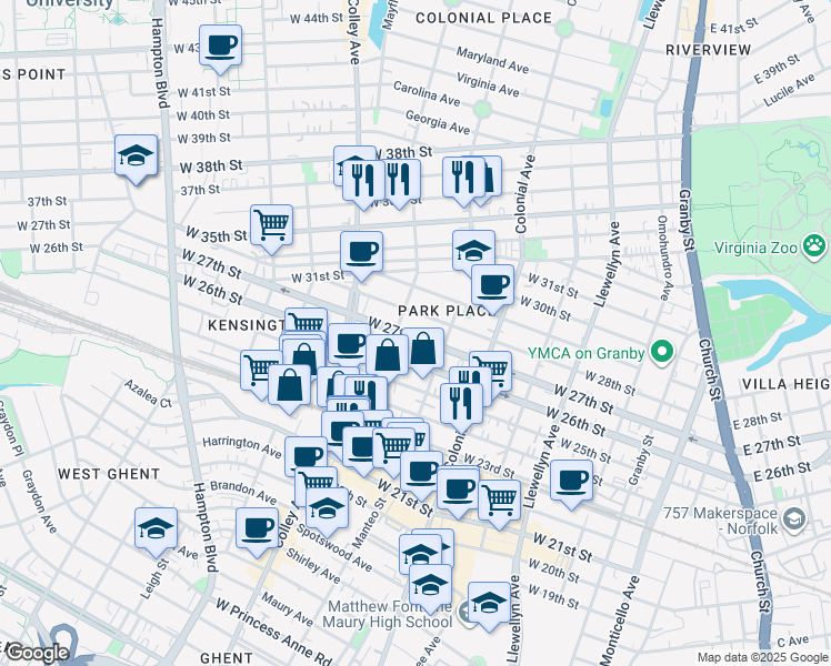 map of restaurants, bars, coffee shops, grocery stores, and more near 634 West 27th Street in Norfolk