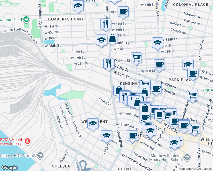 map of restaurants, bars, coffee shops, grocery stores, and more near 2315 Elizabeth River Trail in Norfolk