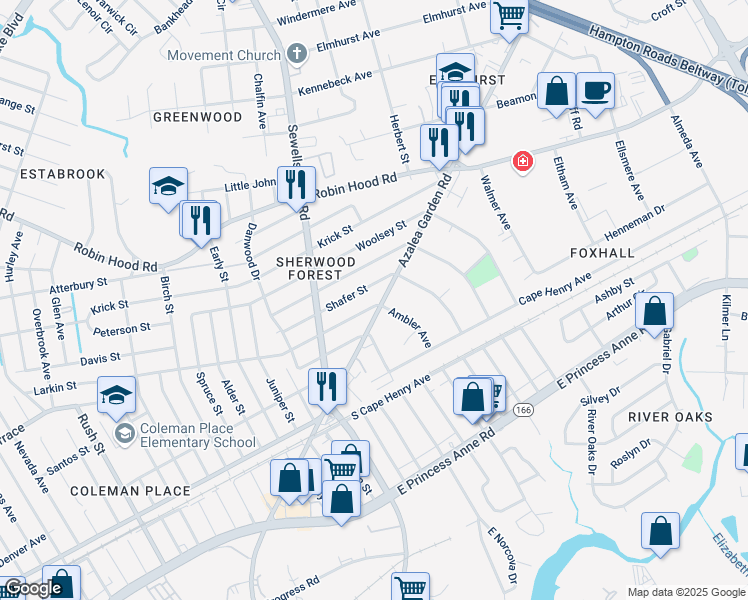map of restaurants, bars, coffee shops, grocery stores, and more near 4918 Larkin Street in Norfolk