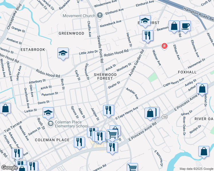 map of restaurants, bars, coffee shops, grocery stores, and more near 2711 Sewells Point Road in Norfolk