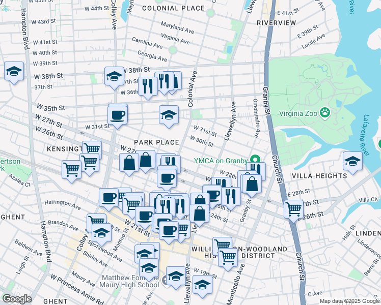 map of restaurants, bars, coffee shops, grocery stores, and more near 423 West 29th Street in Norfolk