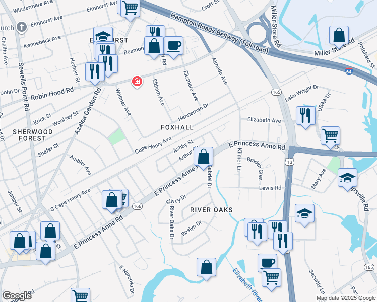 map of restaurants, bars, coffee shops, grocery stores, and more near 5328 Arthur Circle in Norfolk