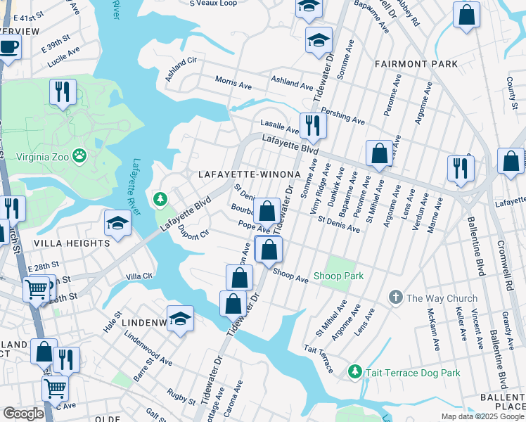 map of restaurants, bars, coffee shops, grocery stores, and more near 1800 Bourbon Avenue in Norfolk