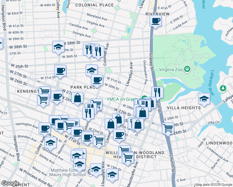 map of restaurants, bars, coffee shops, grocery stores, and more near 322 West 29th Street in Norfolk