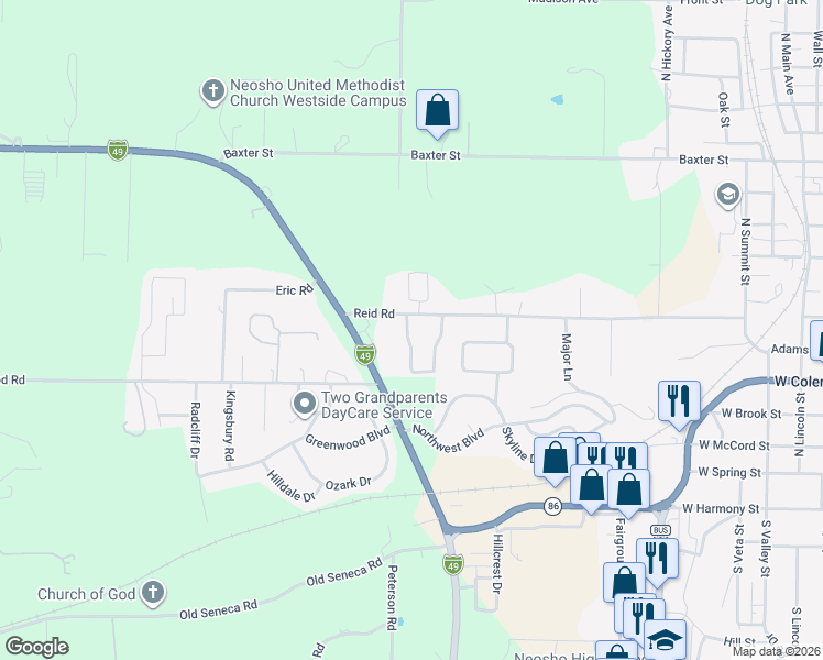 map of restaurants, bars, coffee shops, grocery stores, and more near 1639 Mayberry Dr in Neosho