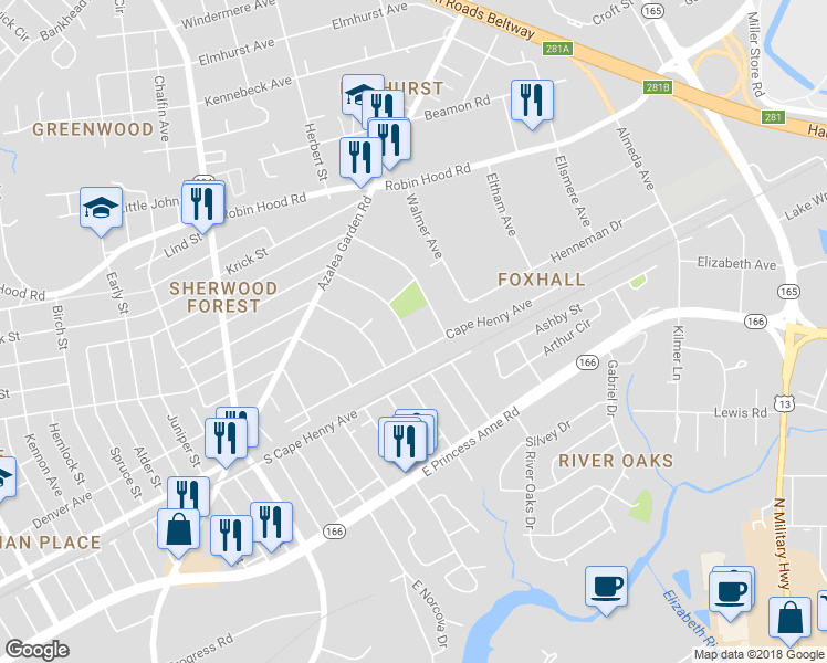 map of restaurants, bars, coffee shops, grocery stores, and more near 2416 Bruce Street in Norfolk