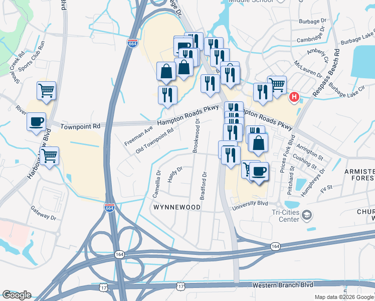 map of restaurants, bars, coffee shops, grocery stores, and more near 6089 Camellia Drive in Suffolk