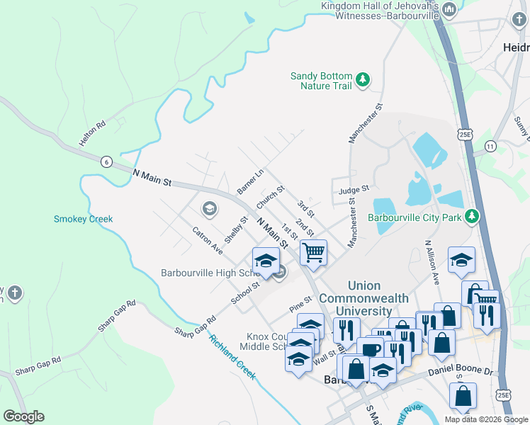 map of restaurants, bars, coffee shops, grocery stores, and more near 214 2nd Street in Barbourville