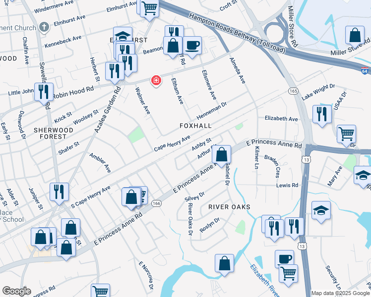 map of restaurants, bars, coffee shops, grocery stores, and more near 5300 Ashby Street in Norfolk
