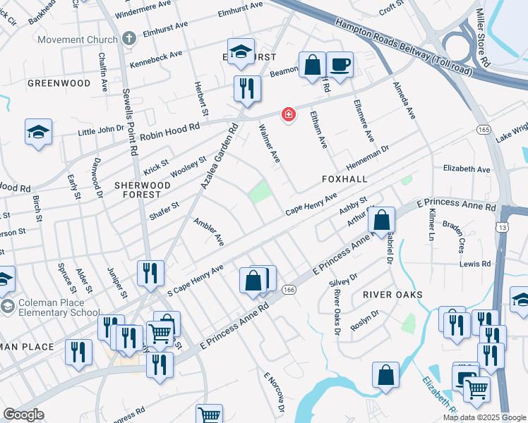 map of restaurants, bars, coffee shops, grocery stores, and more near 2416 Bruce Street in Norfolk