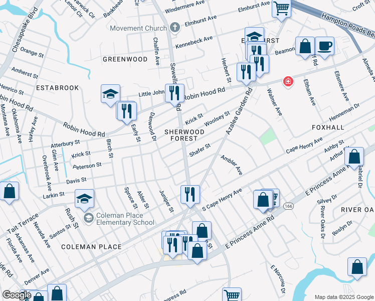 map of restaurants, bars, coffee shops, grocery stores, and more near 2711 Sewells Point Road in Norfolk