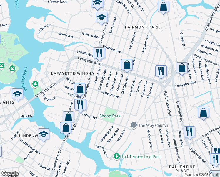 map of restaurants, bars, coffee shops, grocery stores, and more near 3017 Bapaume Avenue in Norfolk