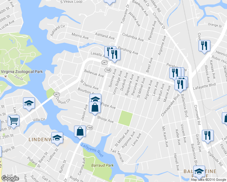 map of restaurants, bars, coffee shops, grocery stores, and more near 2014 Saint Denis Avenue in Norfolk