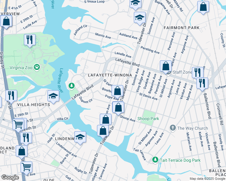 map of restaurants, bars, coffee shops, grocery stores, and more near 1800 Bourbon Avenue in Norfolk