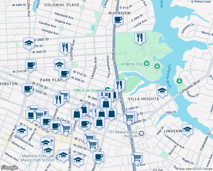 map of restaurants, bars, coffee shops, grocery stores, and more near 111 West 31st Street in Norfolk