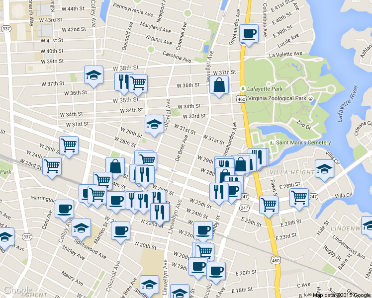 map of restaurants, bars, coffee shops, grocery stores, and more near 322 West 29th Street in Norfolk