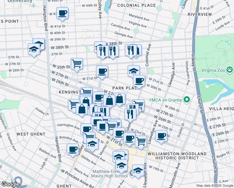map of restaurants, bars, coffee shops, grocery stores, and more near 634 West 27th Street in Norfolk
