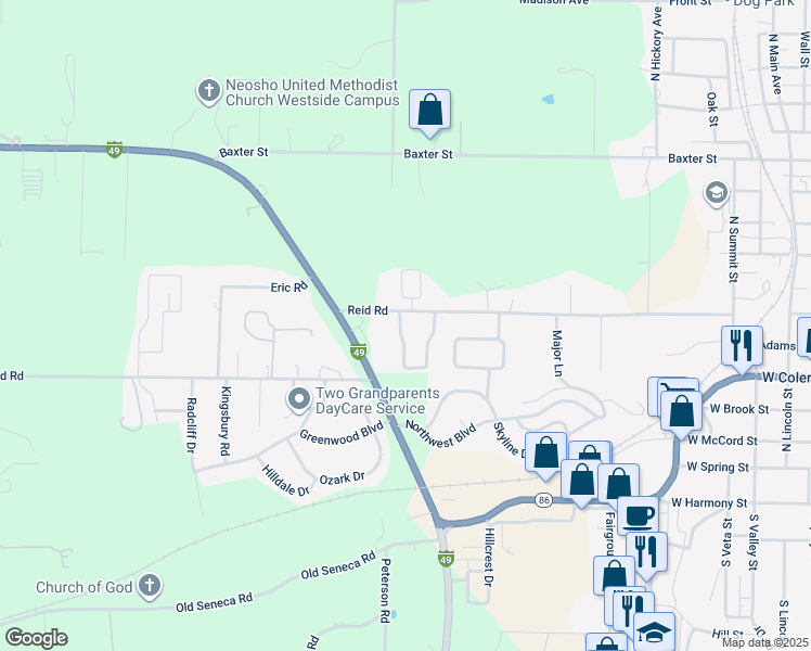 map of restaurants, bars, coffee shops, grocery stores, and more near 1639 Mayberry Dr in Neosho